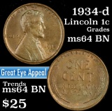 1934-d Lincoln Cent 1c Grades Choice Unc BN