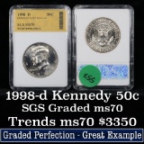 1998-d Kennedy Half Dollar 50c Graded GEM++ Perfection By SGS