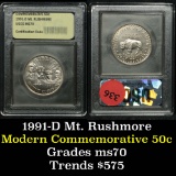 1991-d Mt Rushmore Modern Commem Half Dollar 50c Graded ms70, Perfection by USCG