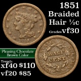 1851 Braided Hair Half Cent 1/2c Grades vf++
