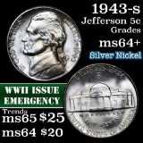 1943-s Jefferson Nickel 5c Grades Choice+ Unc