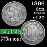 1866 Three Cent Copper Nickel 3cn Grades vf, very fine
