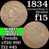 1834 Coronet Head Large Cent 1c Grades f+