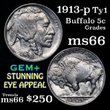 1913-p Ty I Buffalo Nickel 5c Grades GEM+ Unc