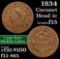 1834 Sm 8, Lg Stars, Med Letters Coronet Head Large Cent 1c Grades f+