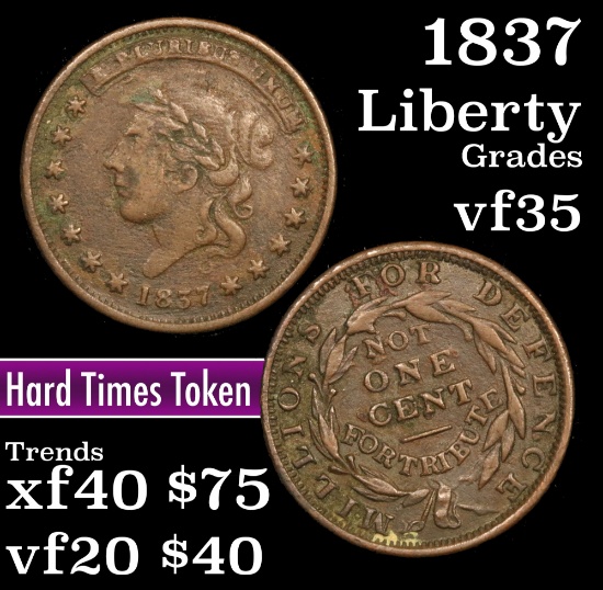 1837 Liberty Not One Cent Millions For Defence HT-46 Hard Times Token 1c Grades vf++