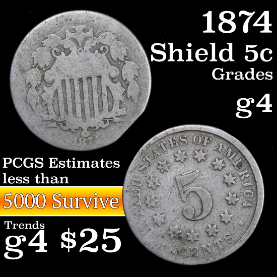 1874 Shield Nickel 5c Grades g, good