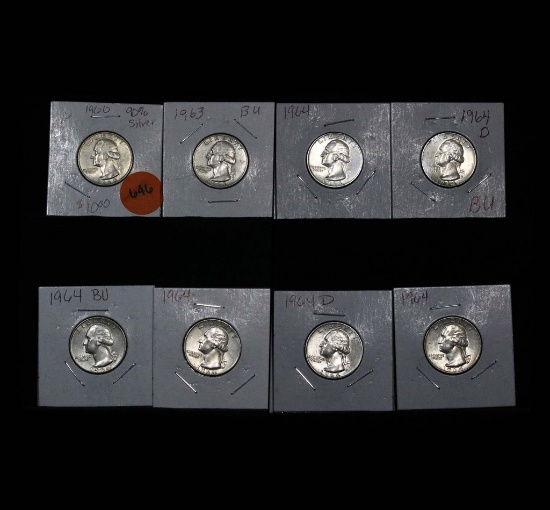 8 Assorted Silver Washington Quarters 25c