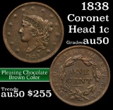 1838 Coronet Head Large Cent 1c Grades AU, Almost Unc (fc)
