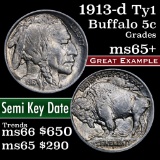1913-d Ty I Buffalo Nickel 5c Grades GEM+ Unc (fc)