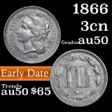 1866 Three Cent Copper Nickel 3cn Grades AU, Almost Unc