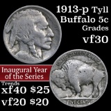 1913-p Ty II Buffalo Nickel 5c Grades vf++