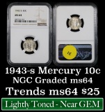 NGC 1943-s Mercury Dime 10c Graded ms64 by NGC