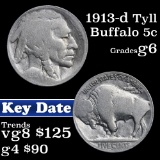 1913-d Ty II Buffalo Nickel 5c Grades g+