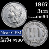 1867 Three Cent Copper Nickel 3cn Grades Choice Unc (fc)