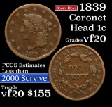 1839 Booby Head Coronet Head Large Cent 1c Grades vf, very fine