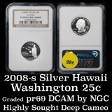 NGC 2008-s Silver Hawaii Washington Quarter 25c Graded GEM++ Proof Deep Cameo By NGC