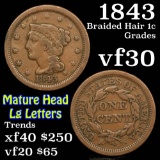 1843 Mature Head, Lg Letters Braided Hair Large Cent 1c Grades vf++