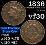 1836 Coronet Head Large Cent 1c Grades vf++