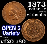 1873 Open 3 Indian Cent 1c Grades vf details