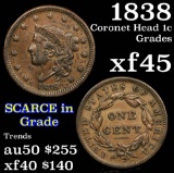 1838 Coronet Head Large Cent 1c Grades xf+