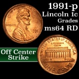 1991-p Off Center Strike Lincoln Cent 1c Grades Choice Unc RD