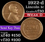 1922-d Weak d Lincoln Cent 1c Grades vf++