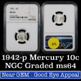NGC 1942-p Mercury Dime 10c Graded ms64 by NGC