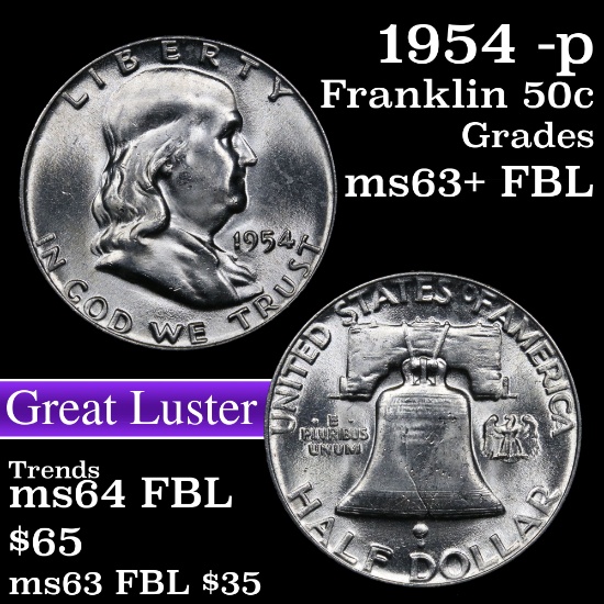 1954-p Franklin Half Dollar 50c Grades Select Unc+ FBL