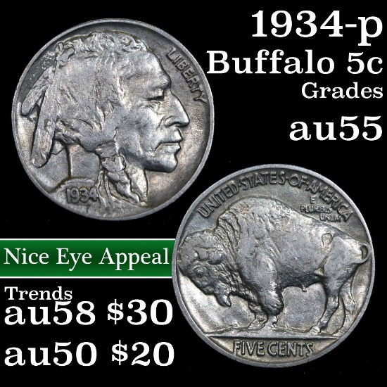 1934-p Buffalo Nickel 5c Grades Choice AU