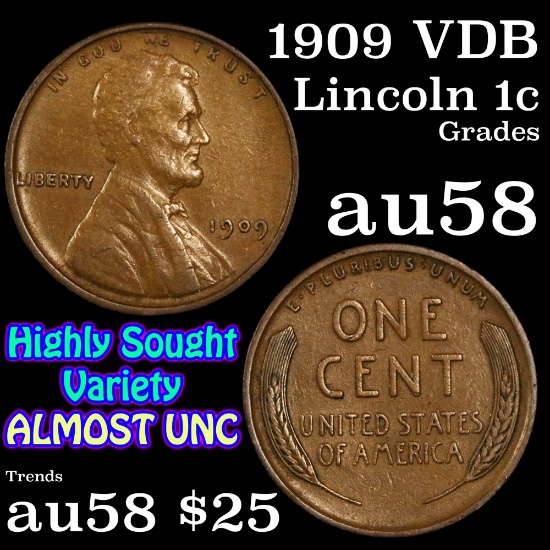 1909 VDB Lincoln Cent 1c Grades Choice AU/BU Slider