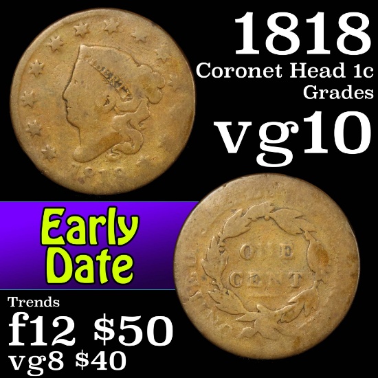 1818 Coronet Head Large Cent 1c Grades vg+