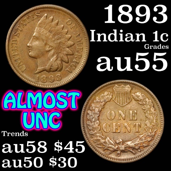 1893 Indian Cent 1c Grades Choice AU