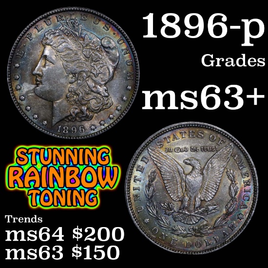 1896-p Rainbow Toned Morgan Dollar $1 Grades Select+ Unc
