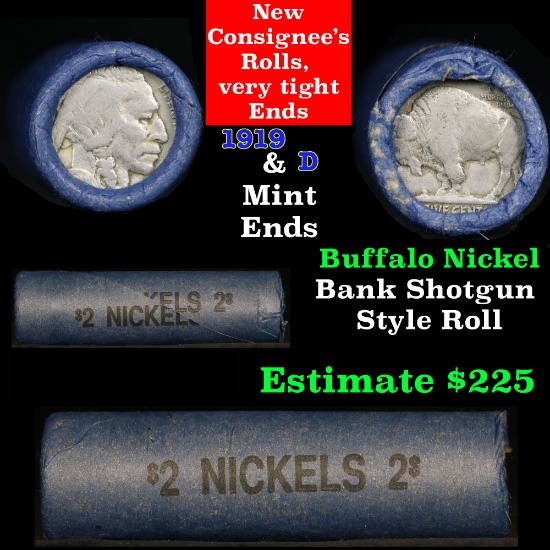 Full roll of Buffalo Nickels, 1919 on one end & a 'd' Mint reverse on other end (fc)