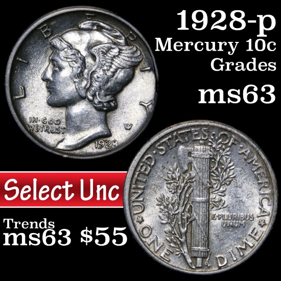 1928-p Mercury Dime 10c Grades Select Unc