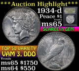 ***Auction Highlight*** 1934-d Top 50 Vam 3, DDO Peace Dollar $1 Graded GEM Unc by USCG (fc)