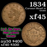 1834 Lg 8, Sm stars, Med letters Coronet Head Large Cent 1c Grades xf+ (fc)