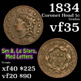 1834 Sm 8, Lg stars, Med letters Coronet Head Large Cent 1c Grades vf++