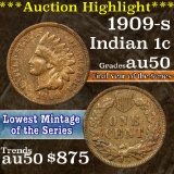 ***Auction Highlight*** 1909-s Indian Cent 1c Grades AU, Almost Unc (fc)