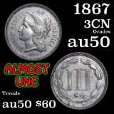 1867 Three Cent Copper Nickel 3cn Grades AU, Almost Unc
