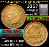 ***Auction Highlight*** 1867 Indian Cent 1c Graded Select Unc RD by USCG (fc)
