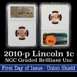 NGC 2010-p Union Shield First day of Issue Lincoln Cent 1c Graded ms65 by NGC