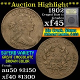 ***Auction Highlight*** 1802 die crack, stem lengths, S-225 Draped Bust 1c Graded xf+ by USCG (fc)