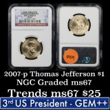 NGC 2007-p SMS Thomas Jefferson Presidential Dollar $1 Graded ms67 by NGC
