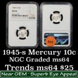 NGC 1945-s Mercury Dime 10c Graded ms64 by NGC