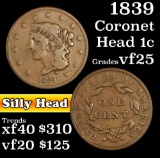 1839 Silly Head Coronet Head Large Cent 1c Grades vf+