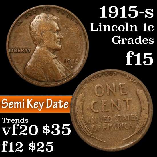 1915-s Lincoln Cent 1c Grades f+