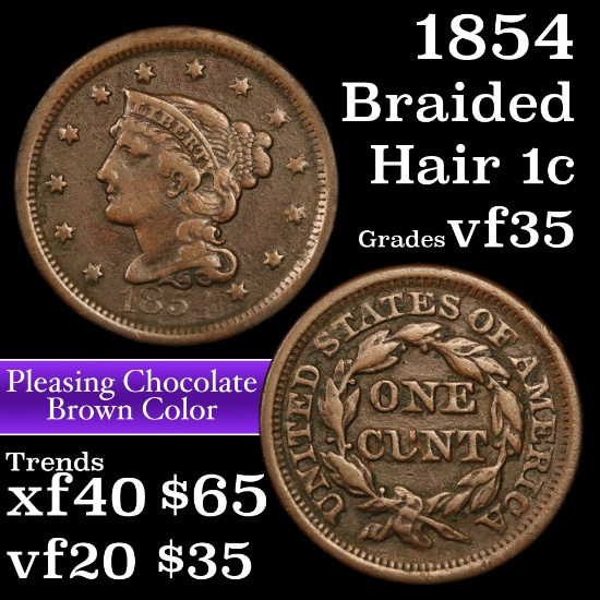 1854 Braided Hair Large Cent 1c Grades vf++