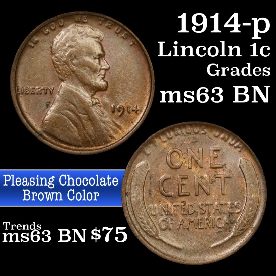 1914-p Lincoln Cent 1c Grades Select Unc BN